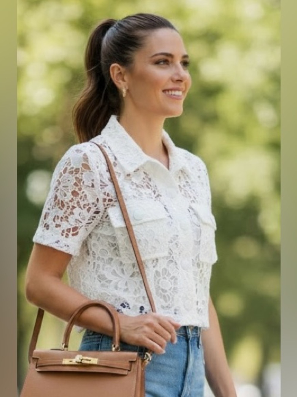White House Black Market White Guipure Lace Cropped Blouse Pocket Sz 6